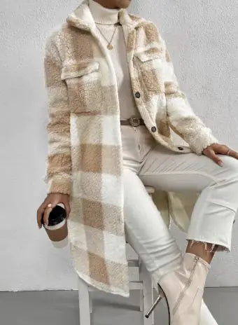 Women Long Plaid Fleece Coat