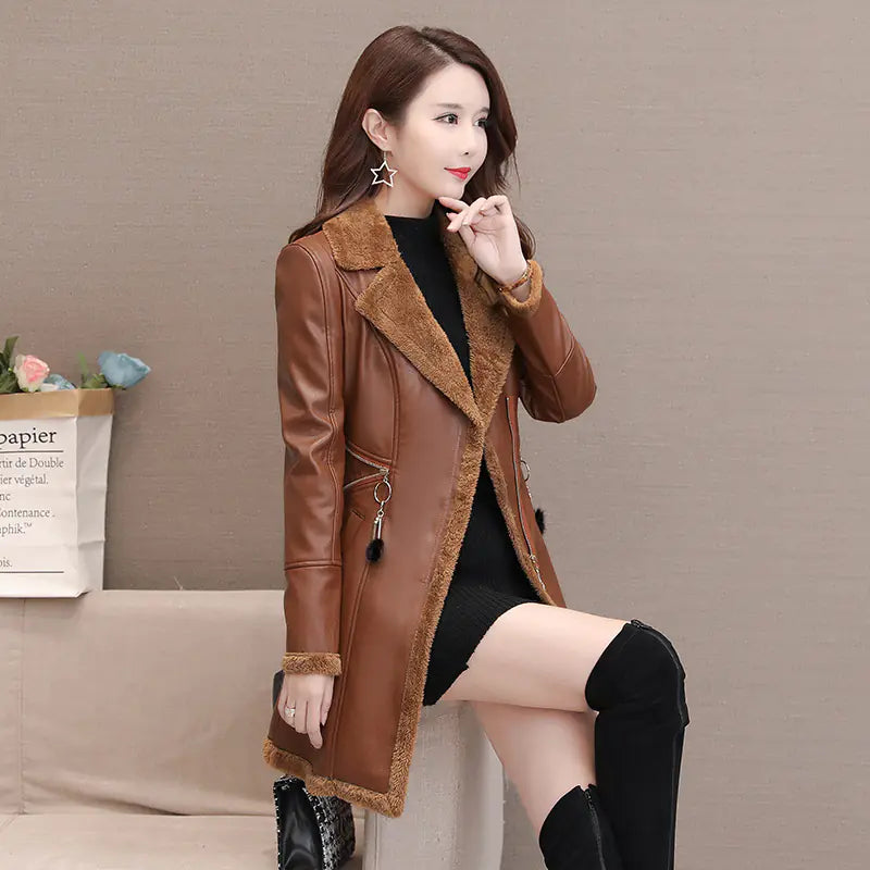 New Casual PU Slim Lamb Fleece Coat
