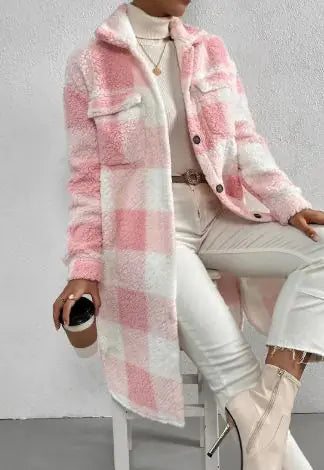 Women Long Plaid Fleece Coat