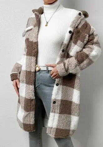 Women Long Plaid Fleece Coat