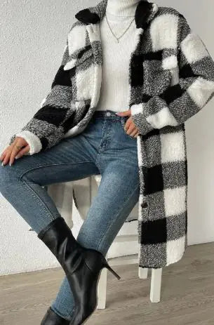Women Long Plaid Fleece Coat