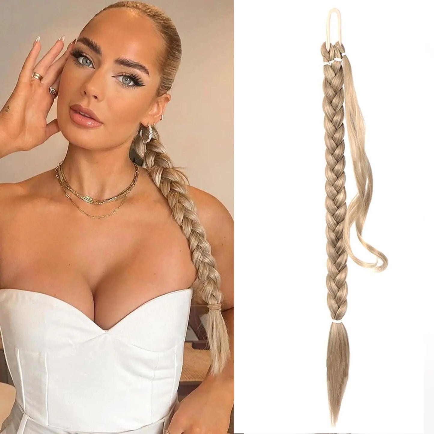WZNBBOY Long Braided Ponytail Extensions with Elastic Hair Tie Straight Wrap with Braid Pony Tails Hair Pieces Natural Soft Synthetic Ponytail Hair Extensions for Women(Light Blonde)