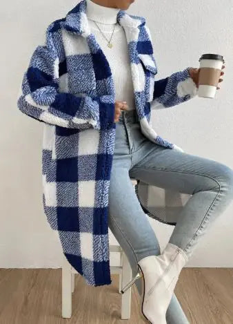 Women Long Plaid Fleece Coat