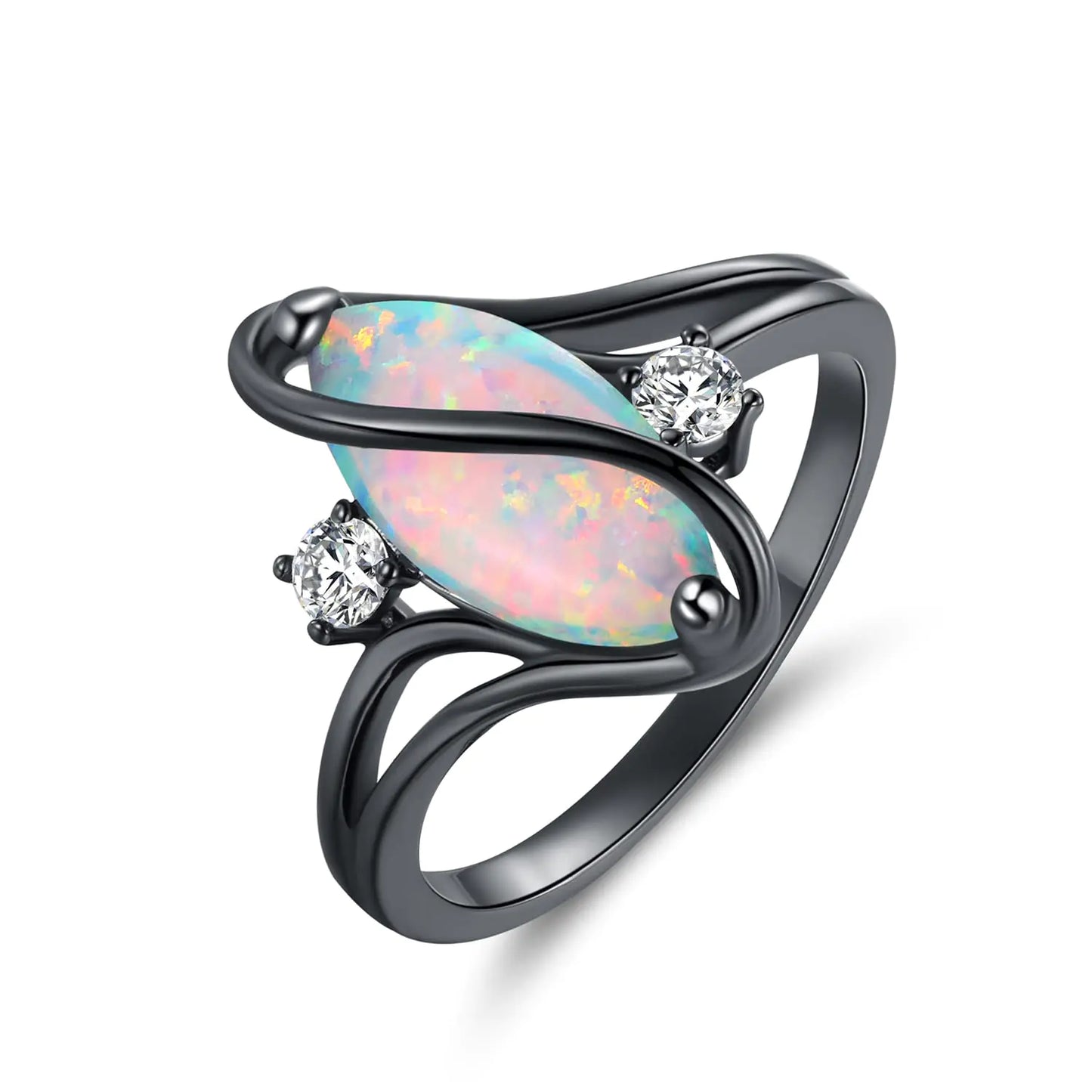 18K Black Gold Plated White Fire Opal Birthstone Marquise Rings for Women Cocktail Band Party Birthday Gifts Fashion Jewelry(9)