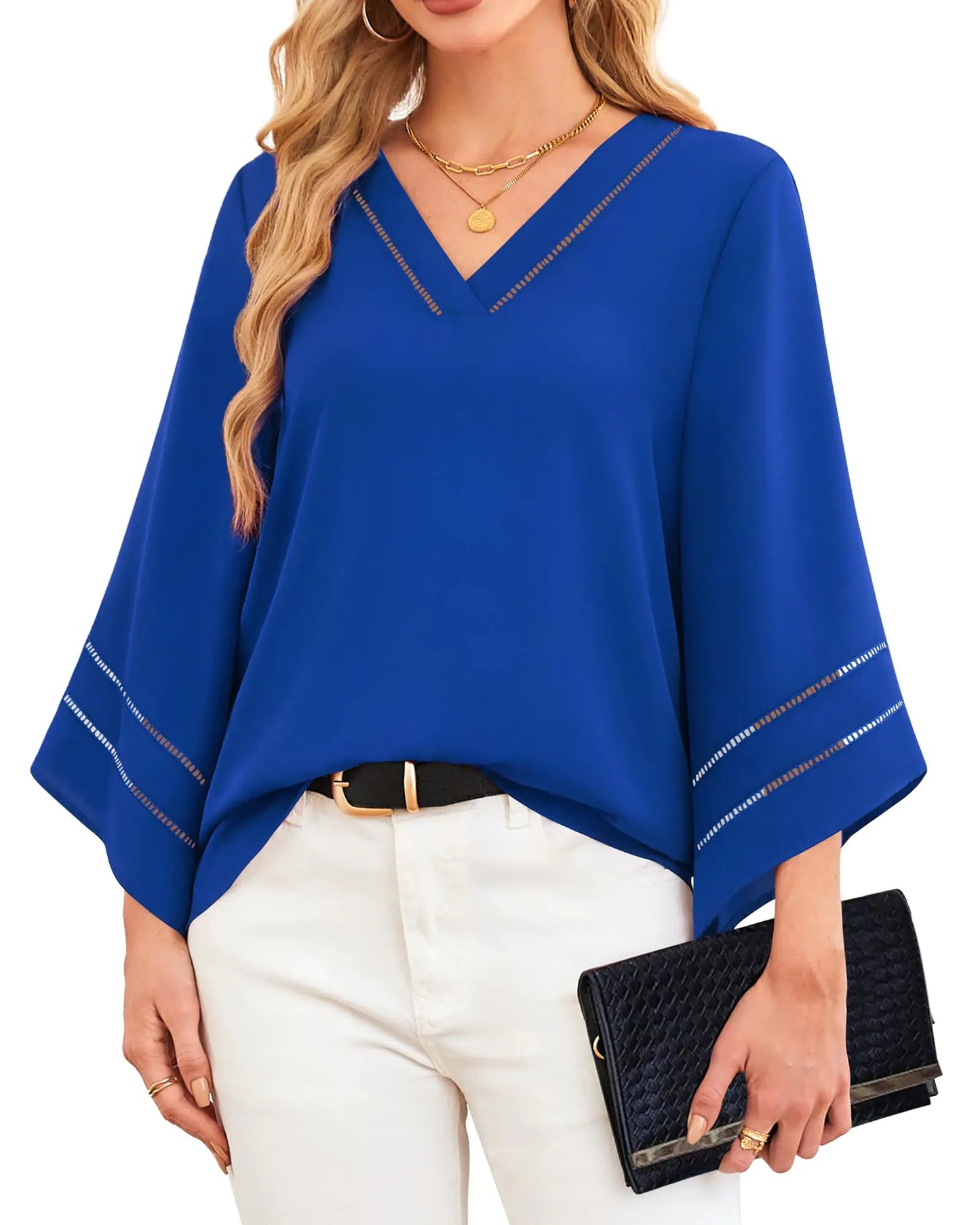 Lotusmile Womens Tops Dressy Casual Royal Blue Tops for Women Dressy Blouses for Women Evening Party Fashion Tops for Women Trendy 3/4 Sleeve Womens Fall Blouses Womens Business Casual Clothing