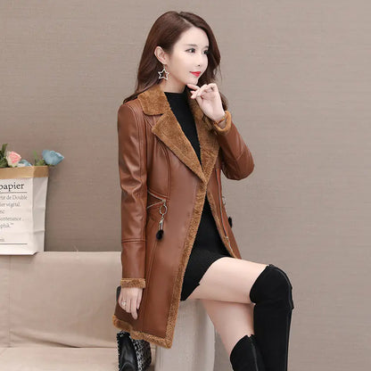 New Casual PU Slim Lamb Fleece Coat