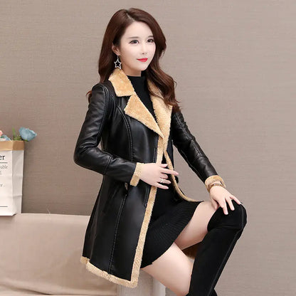 New Casual PU Slim Lamb Fleece Coat
